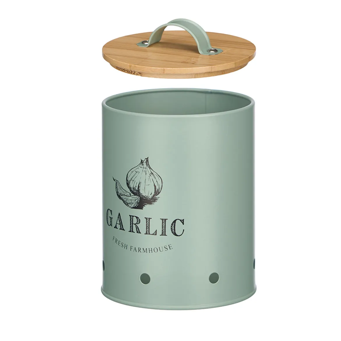 Caja para ajos verde metálica con tapa de bambú