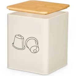 Caja para capsulas de café beige con tapa de bambú