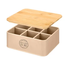 Caja para té beige con tapa de bambú