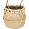 Cesto seagrass natural con pompones y asas
