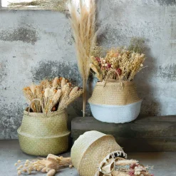 Cesto seagrass natural con pompones y asas