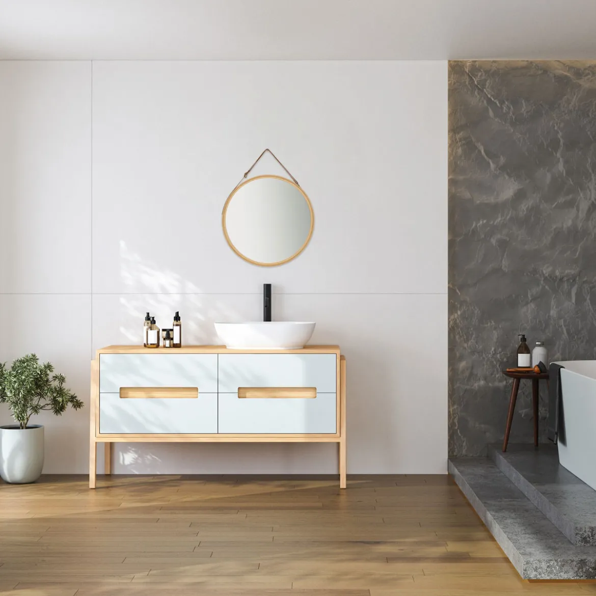 Espejo de pared wc bambú D38cm