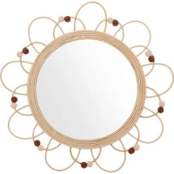 Espejo POMME beige de ratán con pompones 38cm
