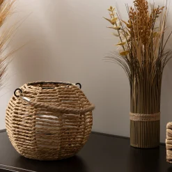 Farol De Rafia Beige Con Portavelas De Vidrio Maty