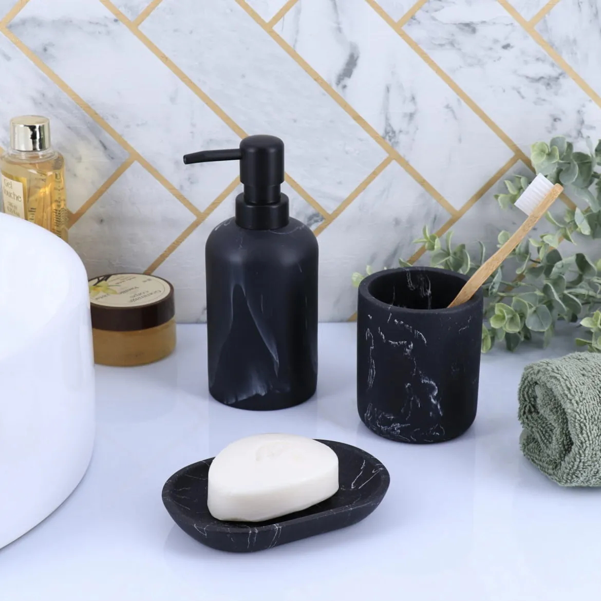Jabonera Baño Negra Efecto Mármol
