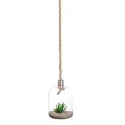 Jarrón vidrio colgante con planta artificial 27cm