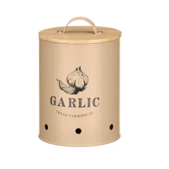 Lata para ajos beige de metal con tapa de bambú