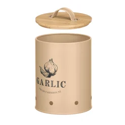 Lata para ajos beige de metal con tapa de bambú