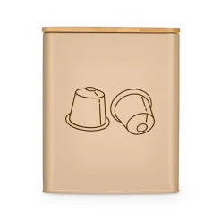 Lata para cápsulas de café beige con tapa de bambú