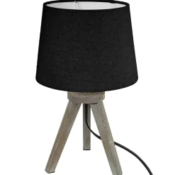 Lámpara De Mesa Negra Trípode De Madera Pino