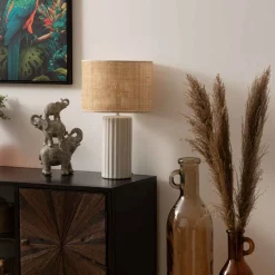 Lámpara de mesa TYLIA blanca y beige de cerámica