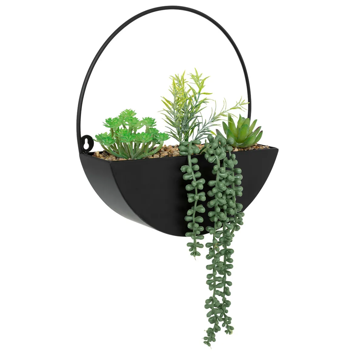 Maceta colgante de metal con plantas artificiales