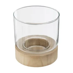 Portavelas Vidrio Base Madera 13x13.6