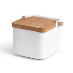 Salero Blanco De Cerámica Tapa De Bambú