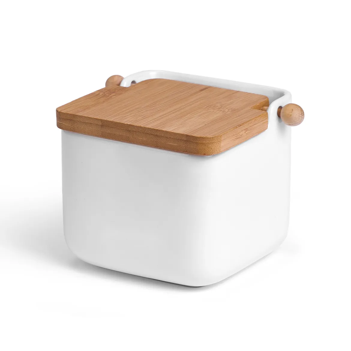 Salero Blanco De Cerámica Tapa De Bambú