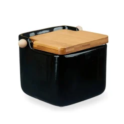 Salero negro de cerámica con tapa de bambú 800ml