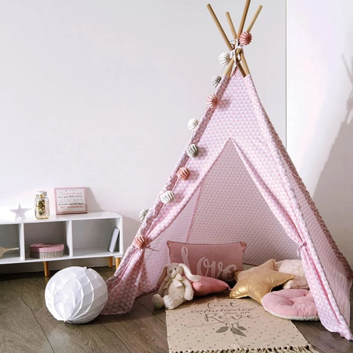 Tienda Tipi Rosa Pompones 120x160x120Cm