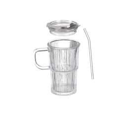 Vaso de vidrio con tapa y pajita 430ml